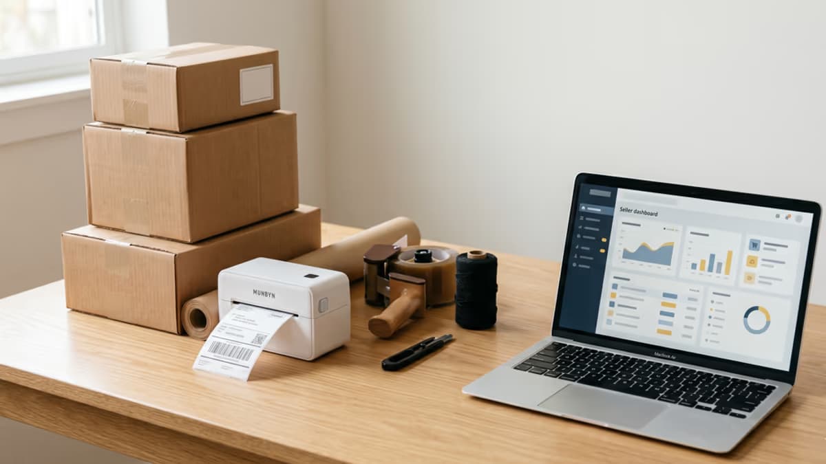 Modern desk with shipping boxes, a label printer, packing tape, and an open laptop showing a marketplace seller dashboard, lit by warm natural light