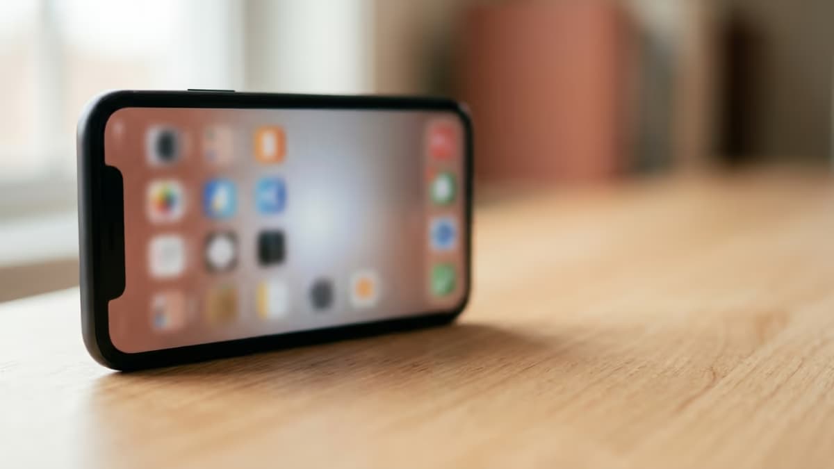 A single smartphone resting on a clean desk with blurred app icons, representing a developer account profile and the address details it displays