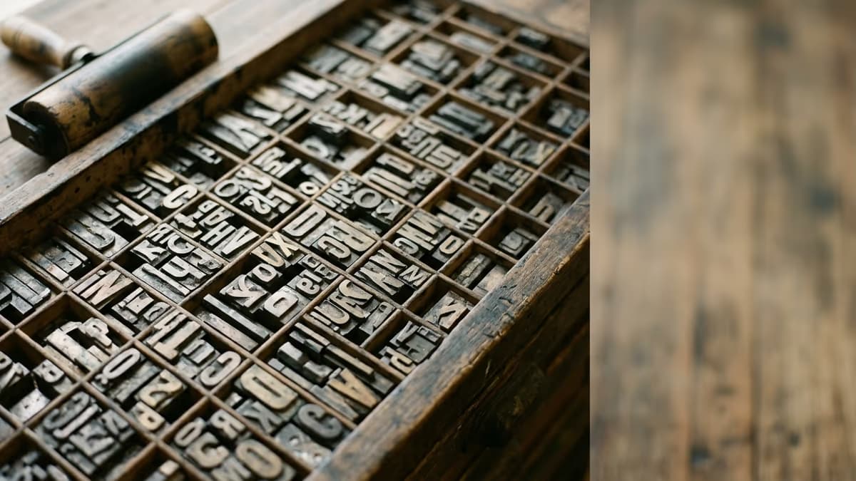 A close-up of an antique wooden letterpress type case filled with metal movable type beside a worn ink roller, evoking the county newspaper notice a new Arizona LLC may need to publish.