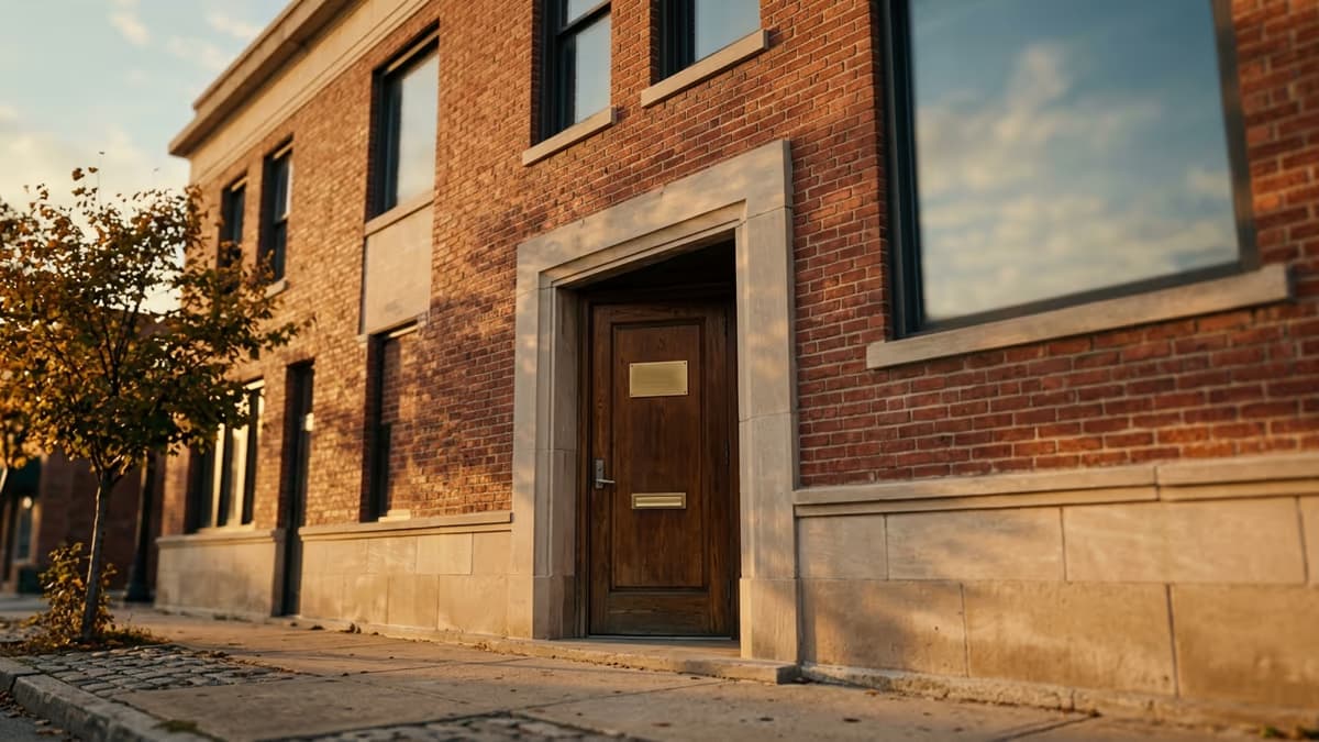 Golden-hour light across the brick and limestone facade of a low-rise commercial building with a plain brass mail slot beside the entrance