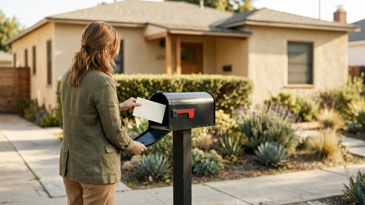 Over-the-shoulder view of a person opening a curbside mailbox outside a California bungalow and taking out a single plain envelope in warm afternoon light