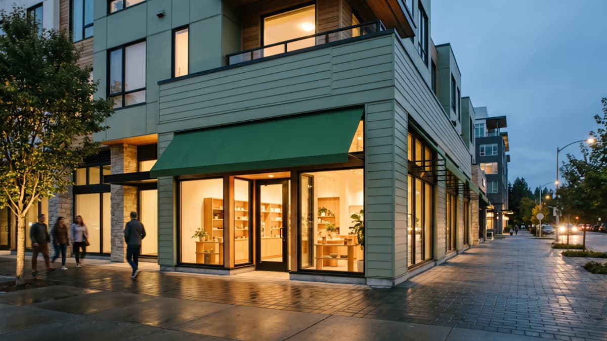 Licensed cannabis retail storefront with compliance signage and a separate office desk with business paperwork