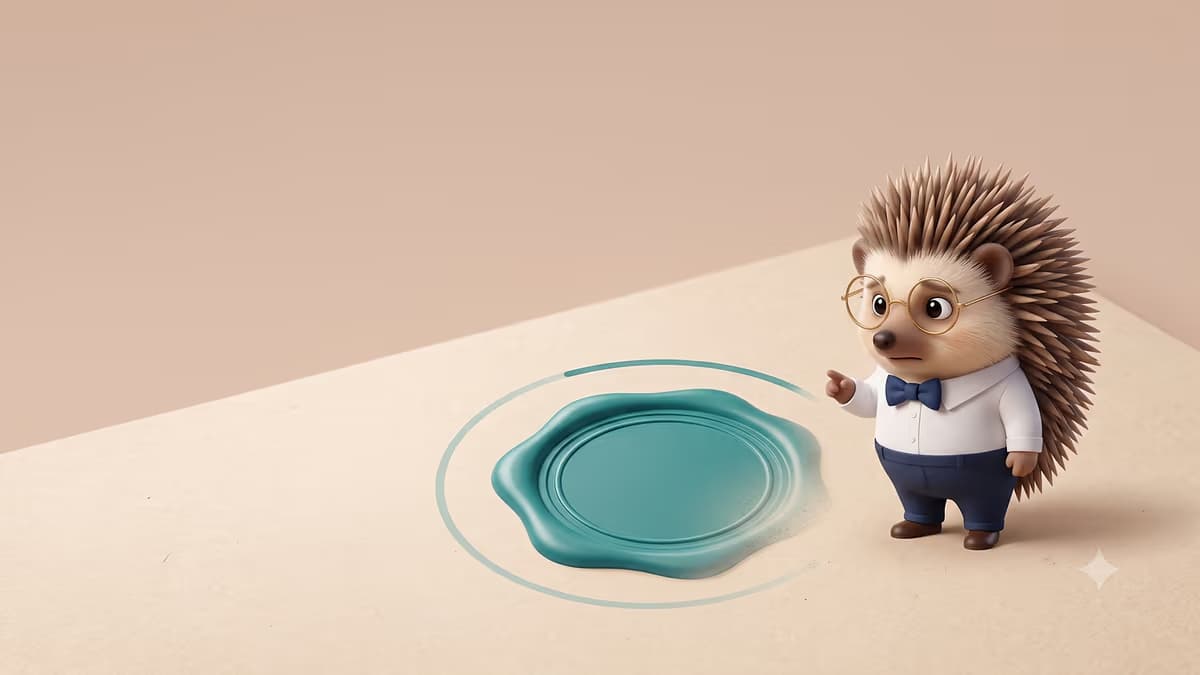 Henry the hedgehog in glasses and a bow tie looking down at a teal wax seal stamped on paper, representing a state Certificate of Good Standing