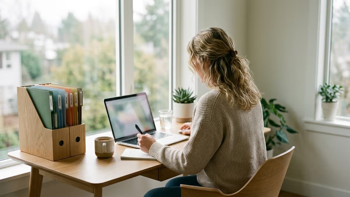 A small-business owner viewed from over the shoulder reviewing accounting software on a laptop by a bright window, beside an upright row of color-coded labeled dividers organizing an LLC's financial accounts
