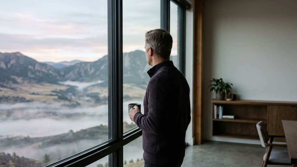 Person seen from behind at a large window overlooking mountain foothills at dawn, holding a coffee mug
