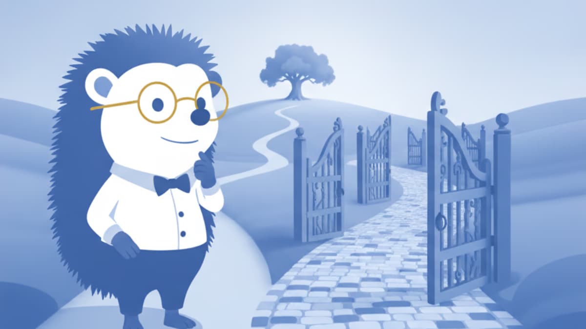 A flat blue illustration of a hedgehog in round gold glasses and a bow tie, thinking beside a cobblestone path that runs through a row of open iron gates toward a tree on a hill
