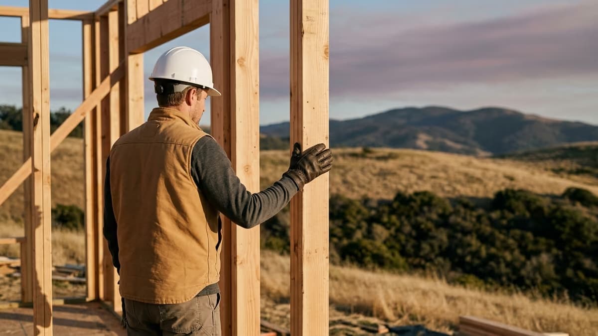 A contractor in a hard hat seen from behind carrying a ladder toward a half-framed house on a sunny California hillside lot