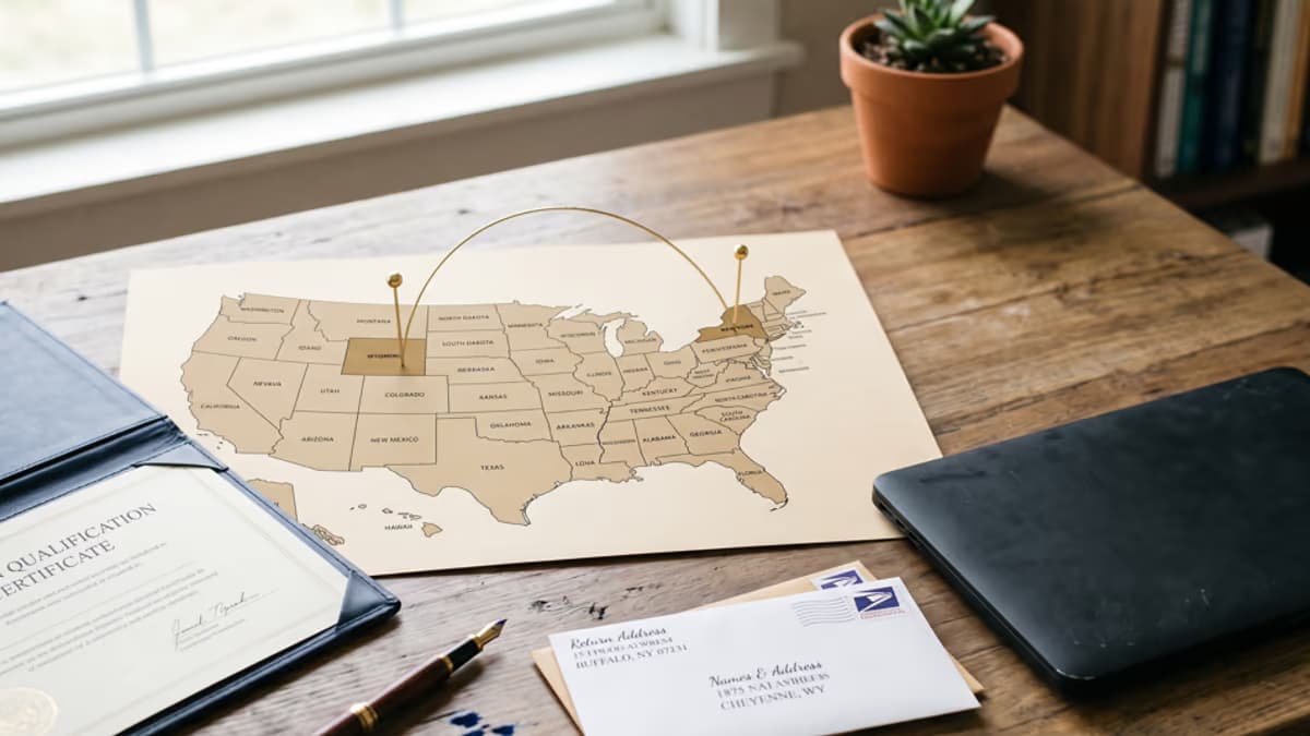 A US map with arrows connecting Wyoming and New York, a foreign qualification certificate, and a DBA filing form on a wooden desk next to a laptop