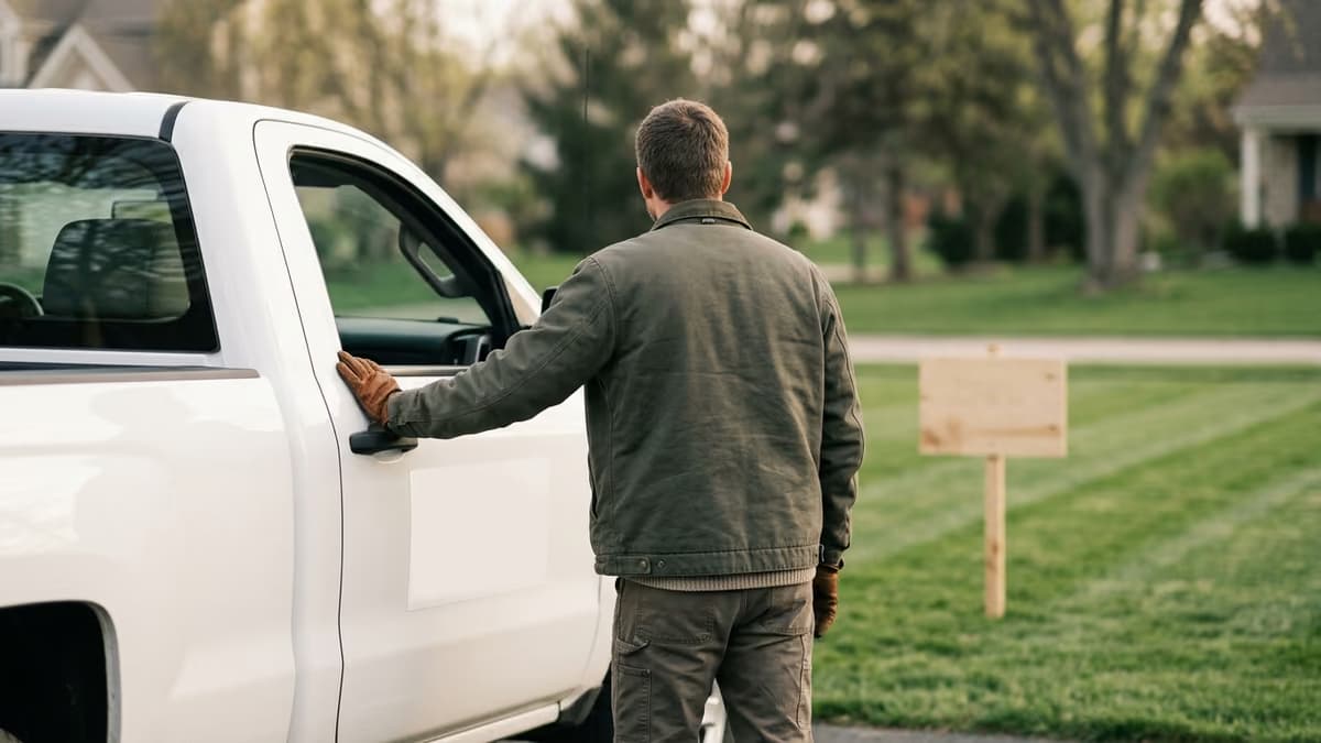 A landscaper seen from behind resting a hand on the door of a work truck with a blank painted panel, beside a freshly mowed lawn with an empty yard sign in soft morning light