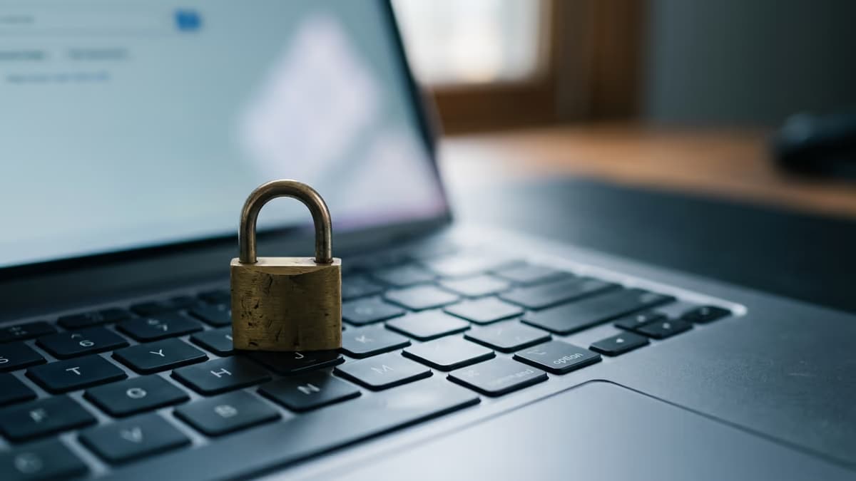 A small brass padlock resting on a laptop keyboard with a softly glowing screen behind it, representing privacy for a domain registration