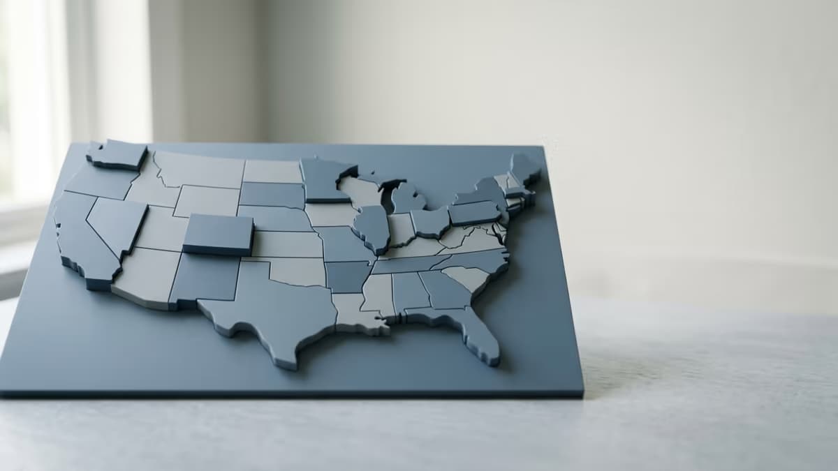 An abstract dimensional relief map of the United States with several states raised to different heights, representing the varying state sales tax thresholds a remote seller crosses.