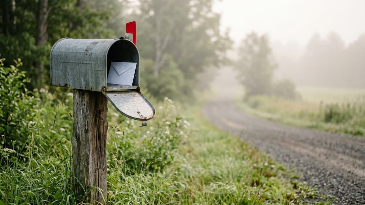 A metal mailbox on a wooden post with its flag raised and a plain envelope inside, beside a misty country road