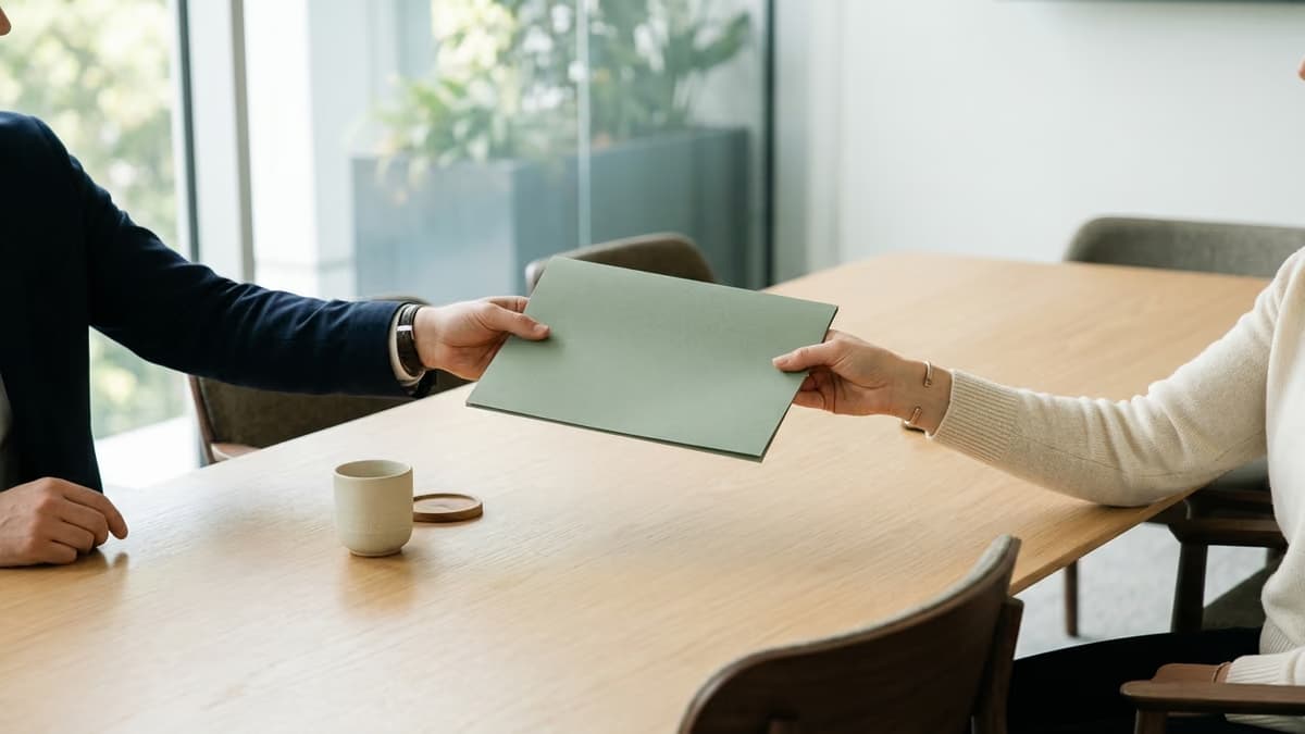Business professional handing a closed document folder to a client across a meeting table