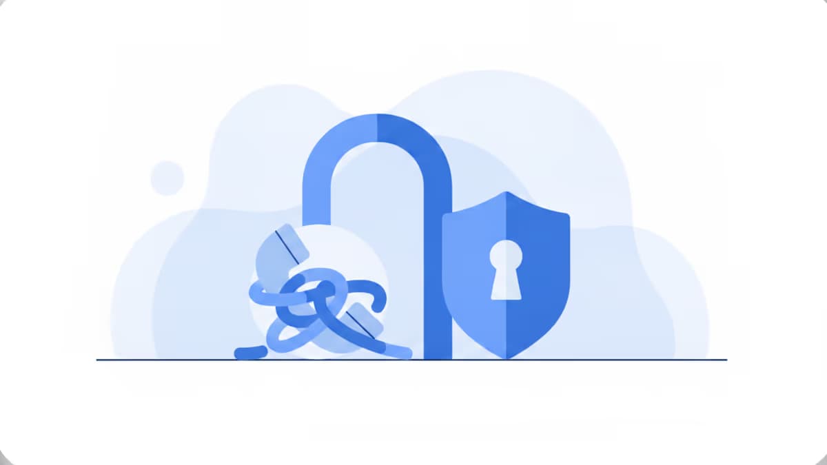 A blue padlock with a tangled, knotted mechanism beside a shield with a keyhole, set against soft cloud shapes, a verification gate that only opens for the right caller.