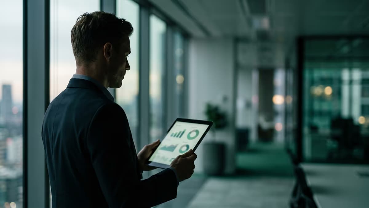 A business professional by an office window viewing abstract dashboard charts on a tablet, representing managing a business advertising account and its verification details