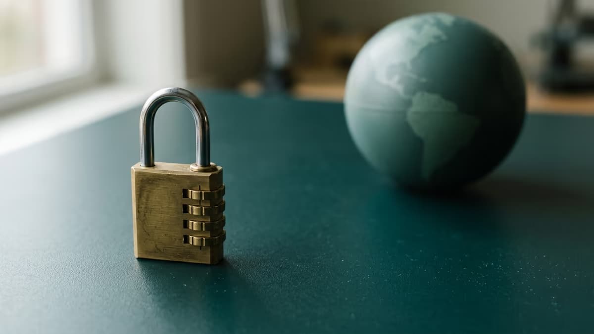 A brass padlock beside a globe motif representing the reporting of foreign financial accounts