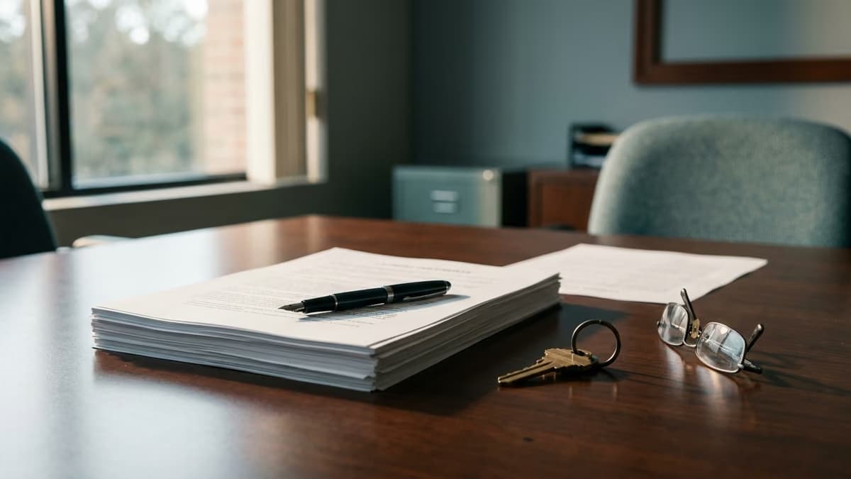 A closing table with a set of house keys resting on a stack of unsigned documents beside a pen