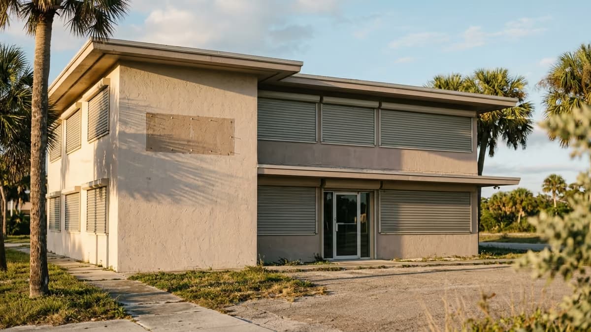 A sun-bleached two-story stucco office building in Florida with every roll shutter closed and palm shadows across the empty facade