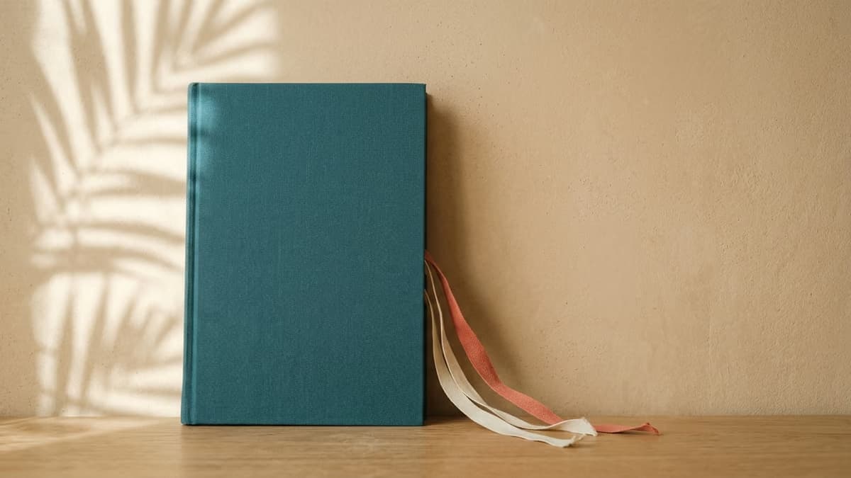 Closed accounting ledger with ribbon bookmarks resting against a sunlit wall with palm frond shadows