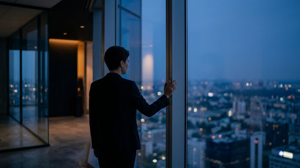 Business professional standing alone at a high-rise office window at dusk, looking out toward a distant city