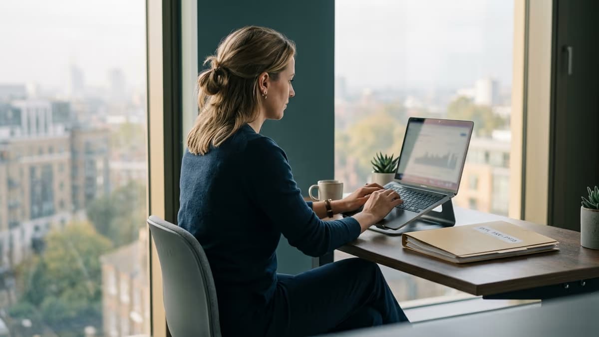 A business professional working on a laptop at a sunlit desk by a window, reviewing US tax filing documents