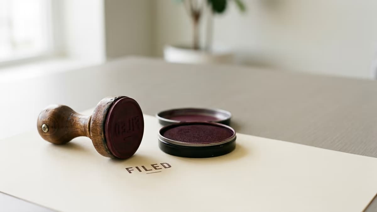 A rubber stamp and ink pad on a neutral surface, representing an official IRS business address change filing