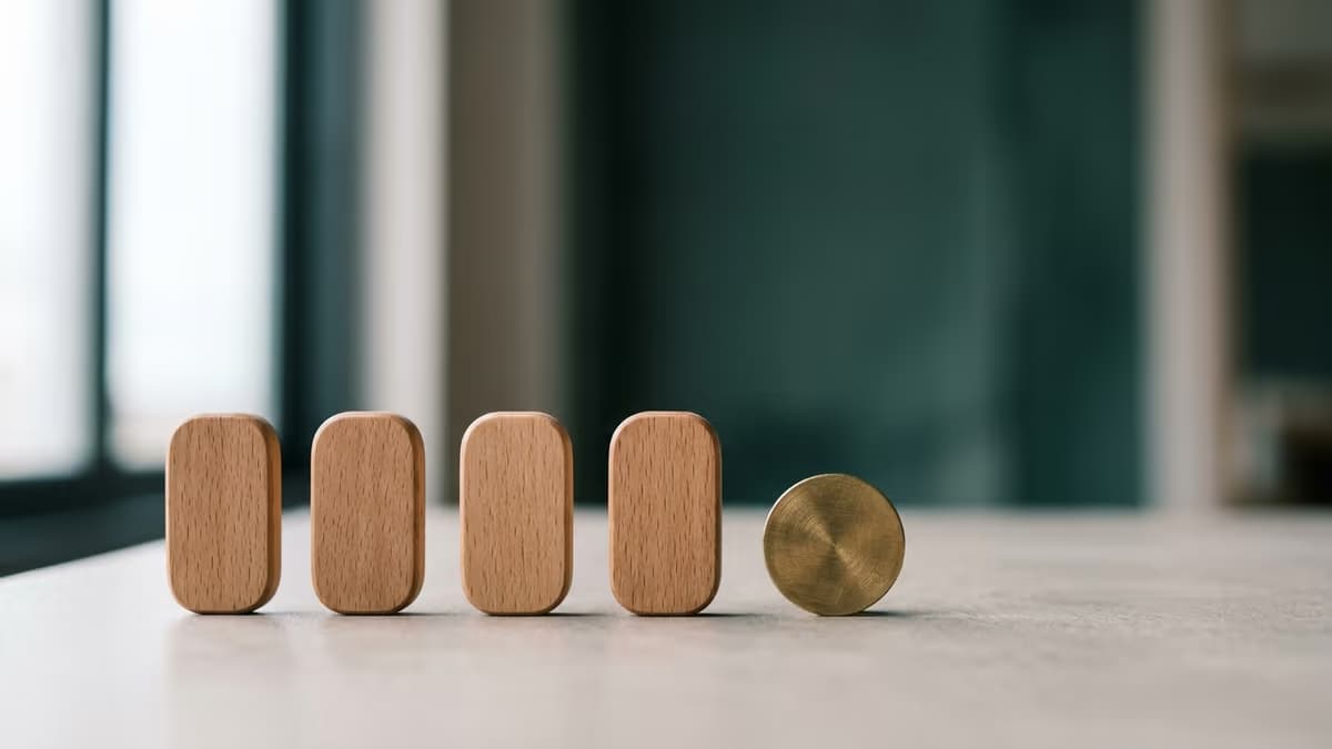 Four small wooden markers arranged in an even sequence beside a single brass coin, symbolizing quarterly payroll tax filing