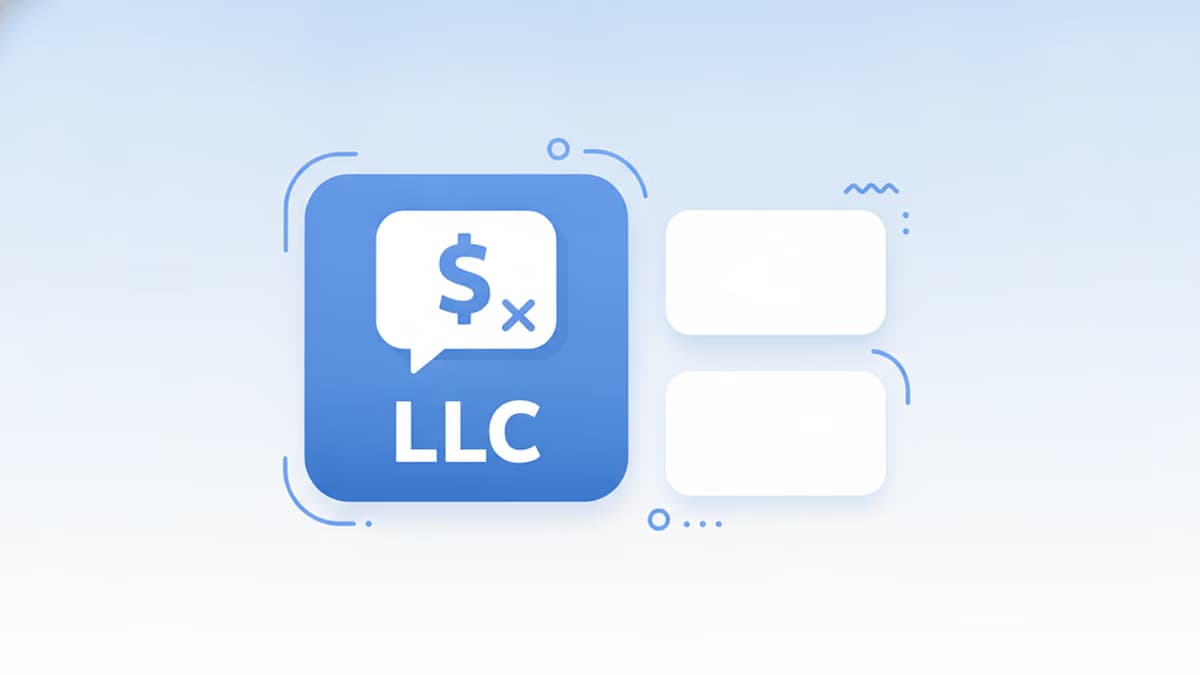 A flat illustration of a blue LLC tile with a crossed-out dollar sign in a speech bubble, next to two blank white cards on a pale blue background