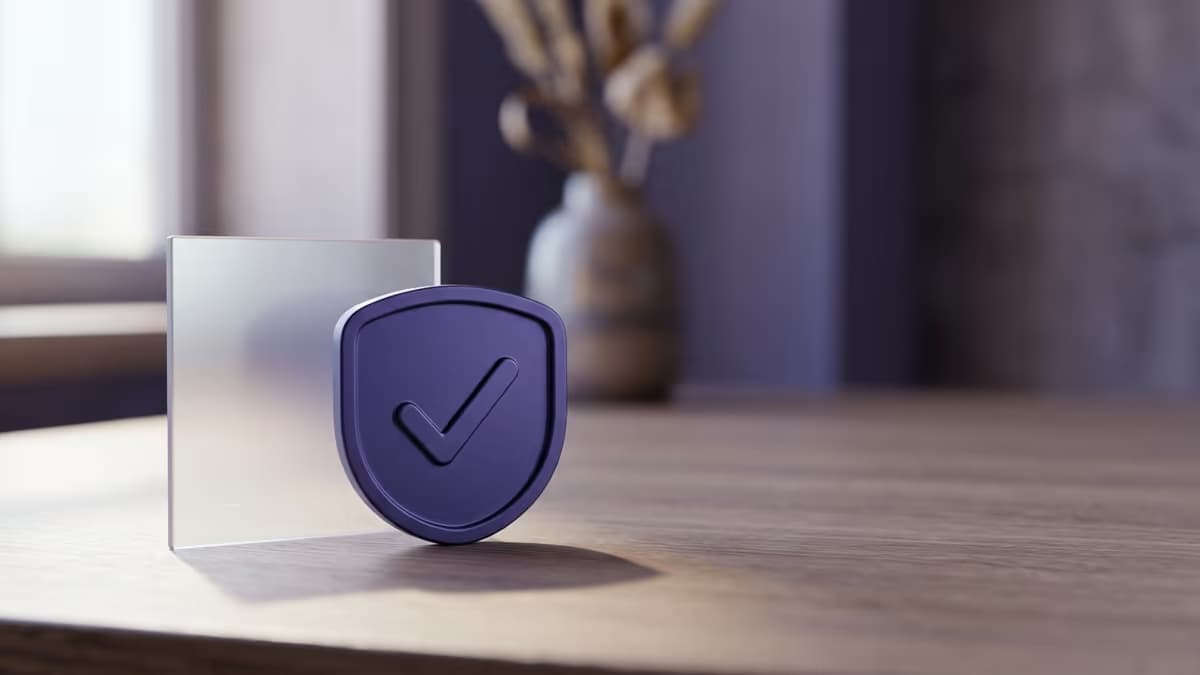 An abstract verification badge with a check mark beside a frosted glass panel, representing advertiser identity verification