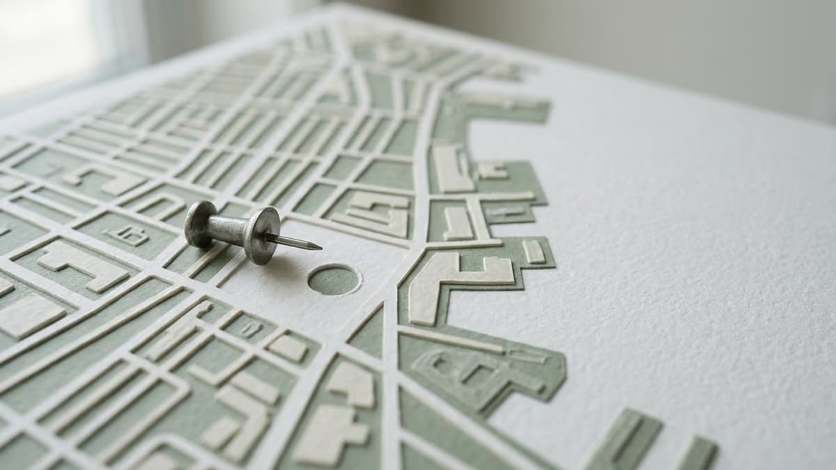 A single metal map pin lying on its side on a blank embossed city street map, symbolizing a business listing removed from local search