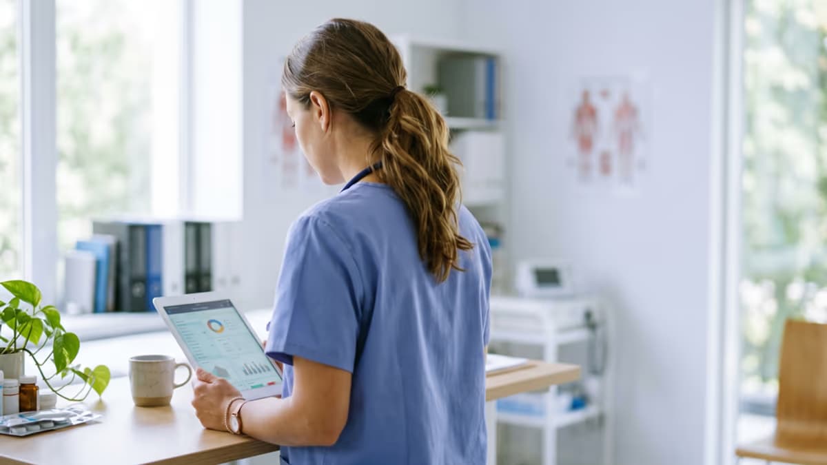 A home health care professional reviewing enrollment paperwork at a desk in a small clinical office, soft natural window light, muted indigo and cream palette