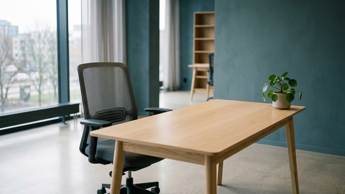 An empty office chair pulled up to a bare, uncluttered desk beside a small potted plant, lit by cool overcast daylight from a nearby window, the surface holding no paycheck or ledger, suggesting a default LLC has no salary waiting on it.
