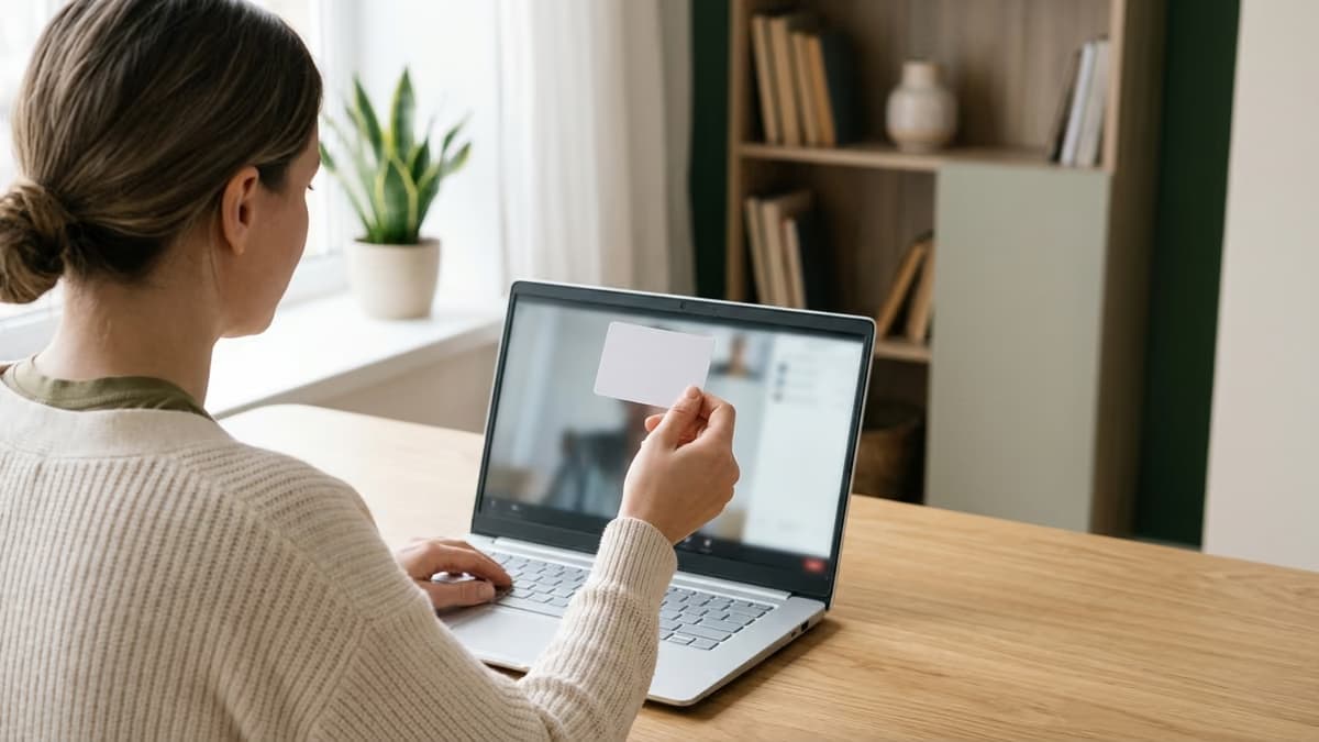Person holding up an ID card toward a laptop camera in a bright home office during a remote signing