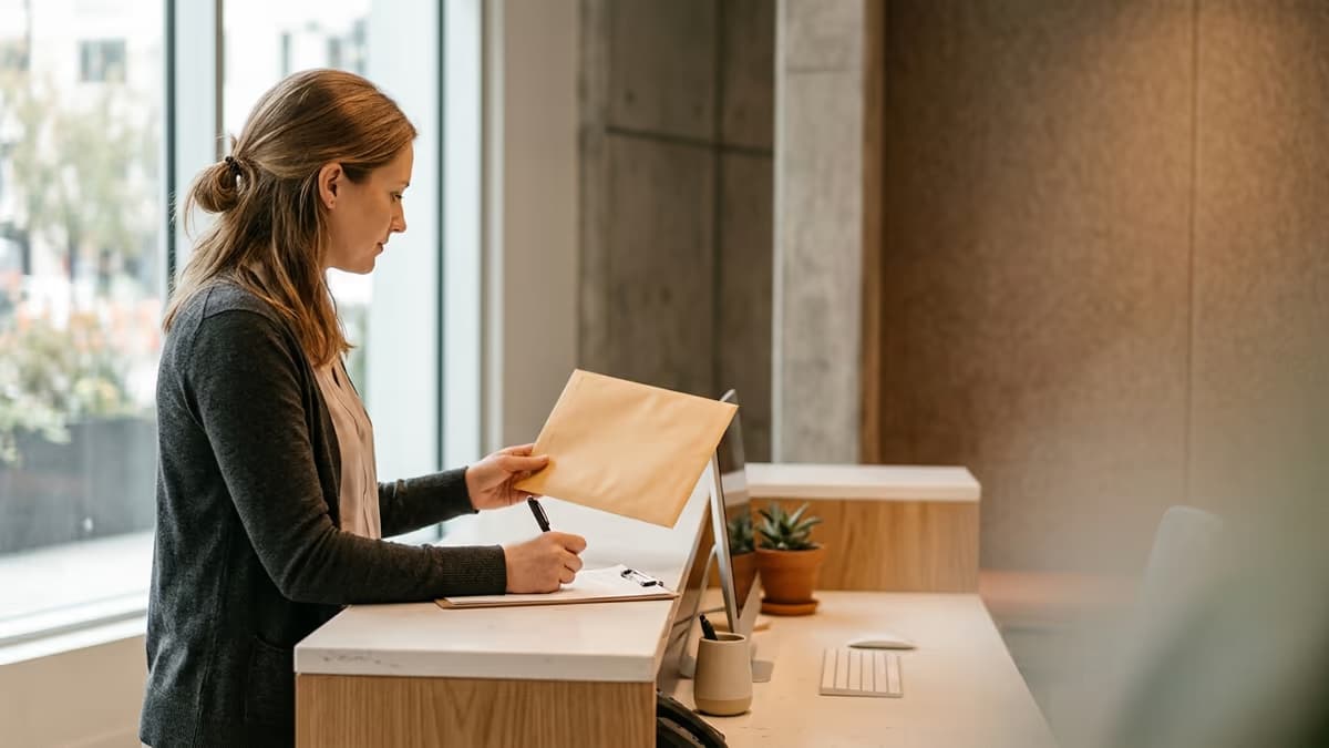 Front-desk staff member signing for a certified mail envelope at a reception counter
