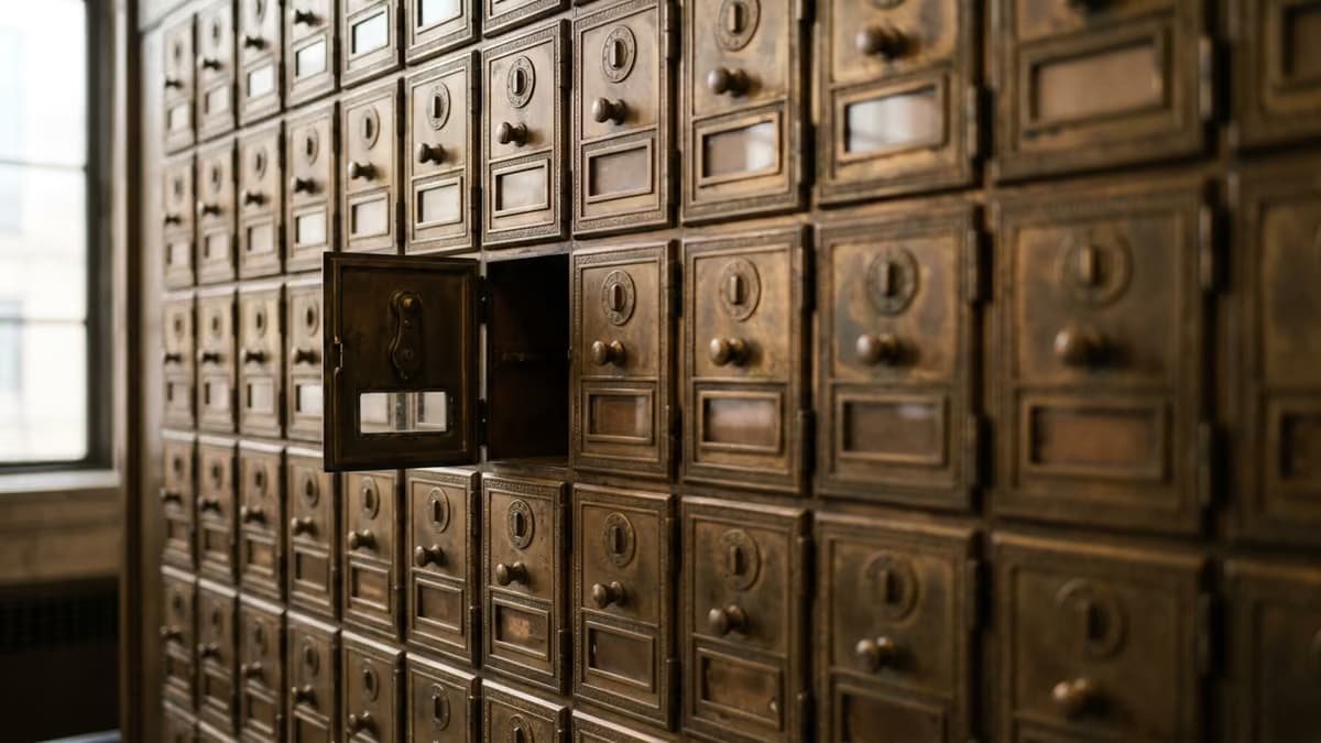 Close-up of a wall of small brass post office box doors in a post office lobby, with one door slightly open