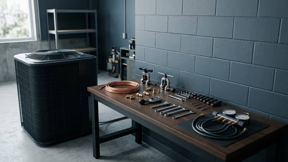 A clean HVAC workshop with a rooftop condenser unit and a tidy parts bench, representing a licensed heating and cooling business with an organized back office