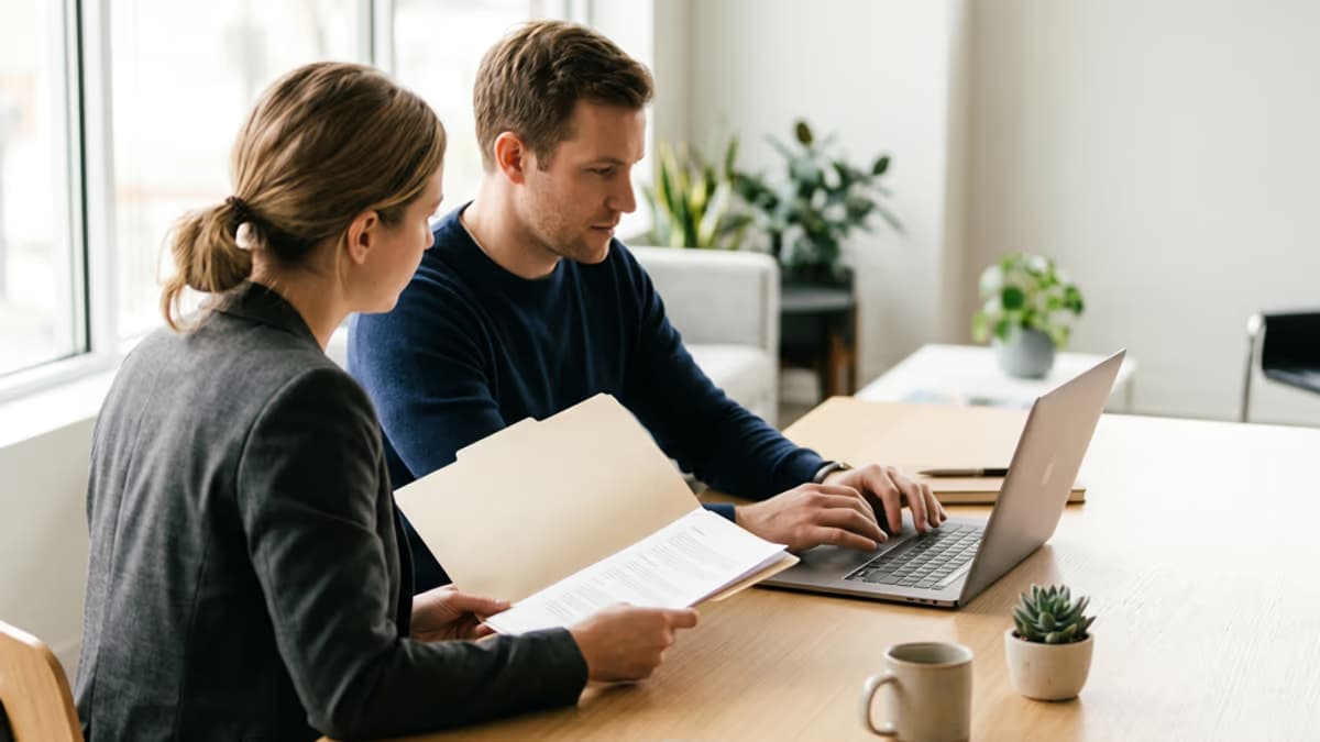 Two business professionals reviewing licensing documents in a modern office, viewed from a slightly elevated angle, soft natural window light, muted warm amber and cream color palette, editorial blog hero composition