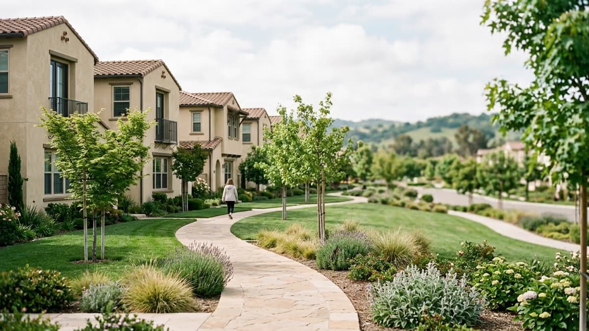 A curving walkway between matching stucco townhouses and young trees in soft morning light