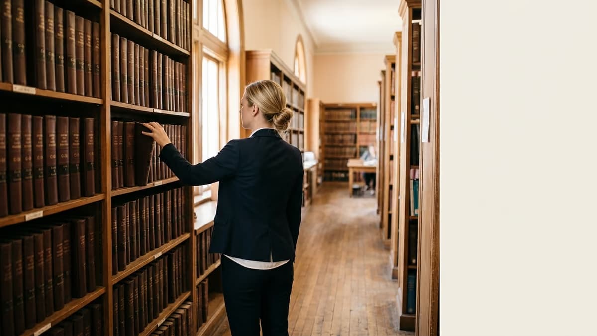 Person seen from behind browsing tall shelves of bound record volumes in a quiet archive reading room
