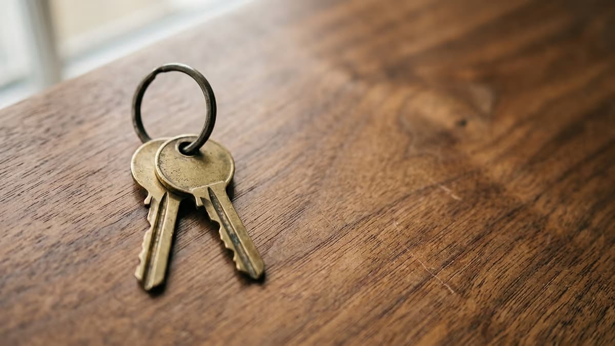 Two brass keys sharing a single ring on a wooden surface, symbolizing an LLC keeping its identity through a name change