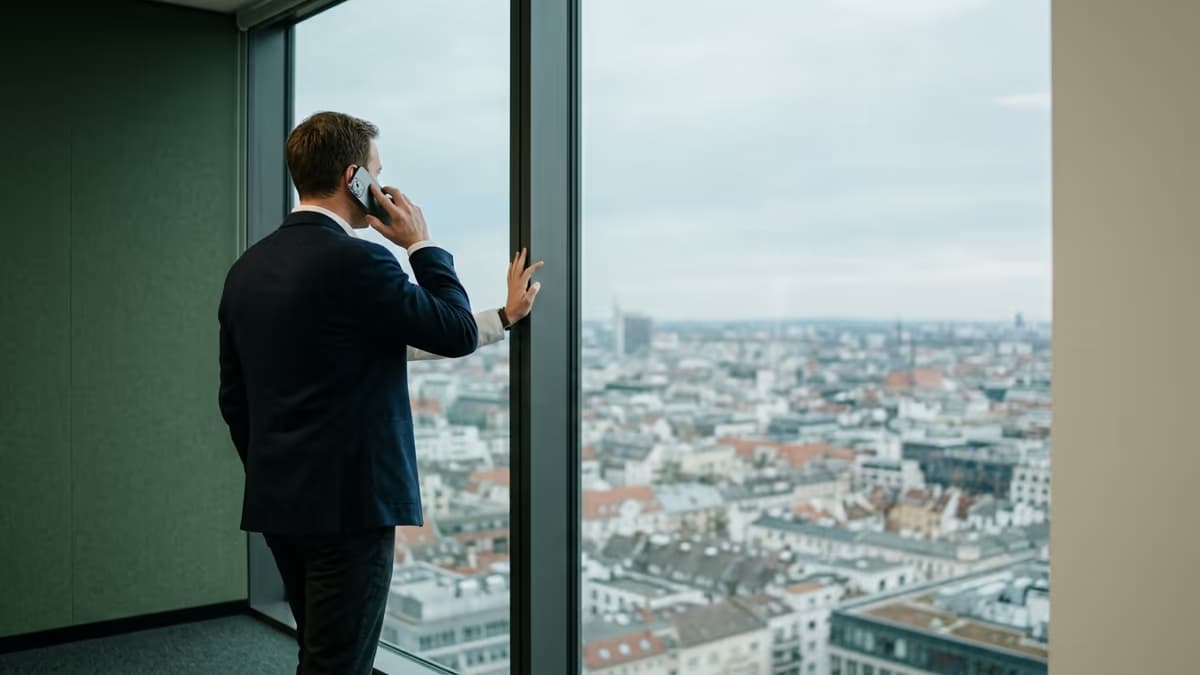 A business professional standing at an office window with a phone held to their ear, backlit by soft overcast daylight, representing the call it takes when an address does not match the record.