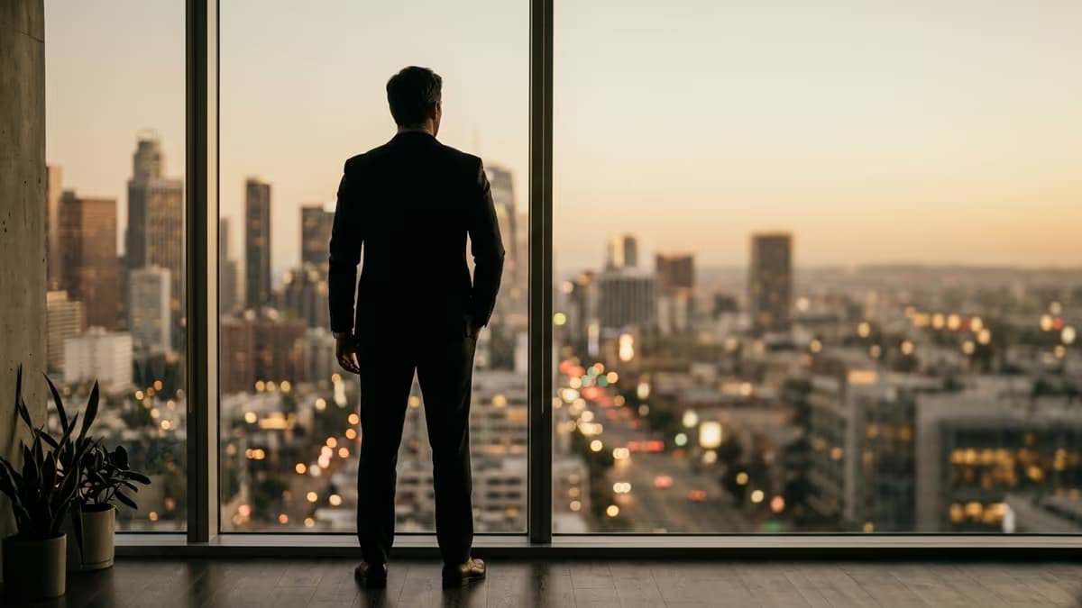 A business professional standing at a large office window in warm evening light, seen from behind, weighing the personal risk behind a business loan.