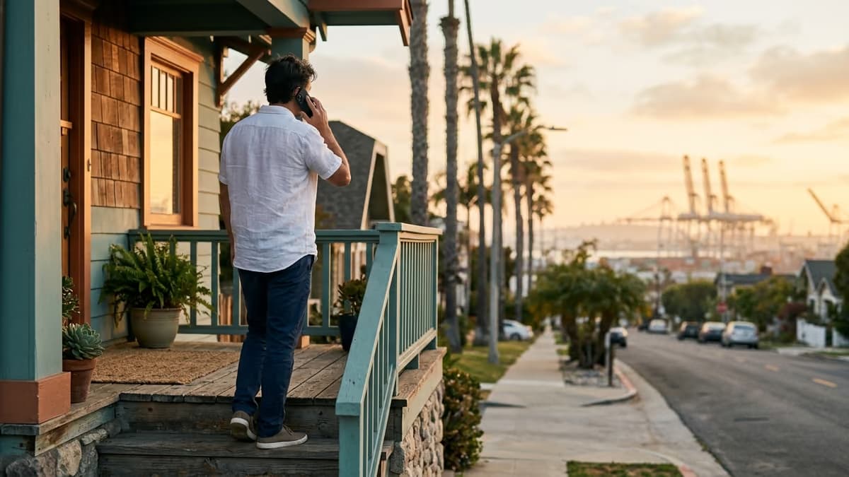 A man talking on a phone on the porch steps of a small bungalow, with palm trees and distant port cranes at golden hour