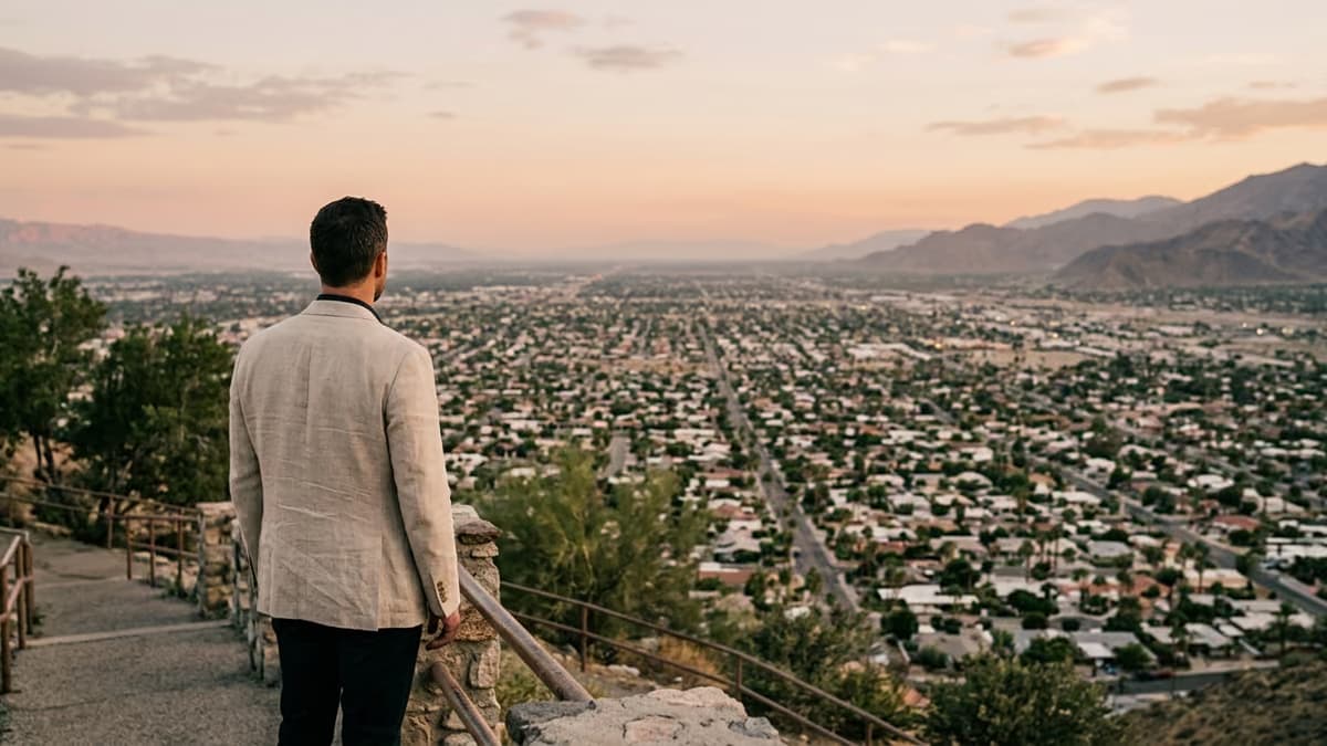 A business owner seen from behind on a hillside at dusk, looking out over a wide grid of low-rise neighborhoods and palm-lined streets stretching to hazy mountains
