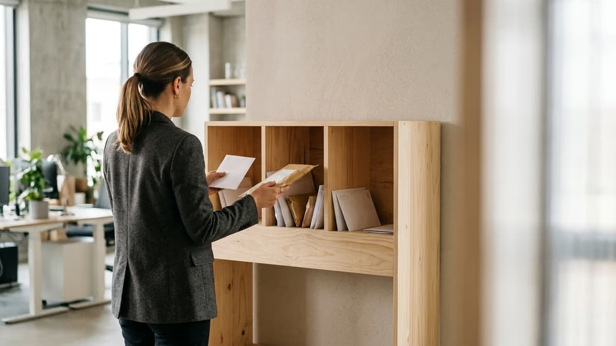 Business professional sorting envelopes and small parcels into three separate mailroom compartments