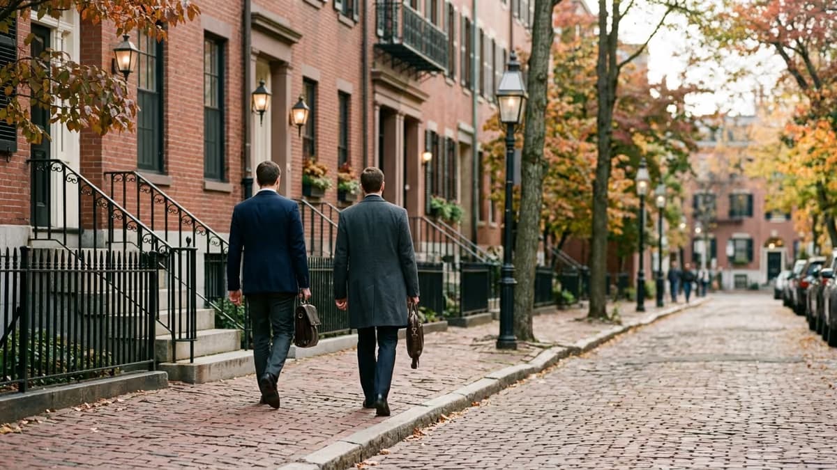 Two business professionals walking on a brick sidewalk past historic rowhouses and gas lamps in autumn