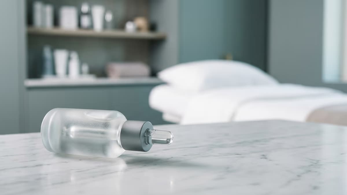 A frosted-glass skincare dropper bottle on a clean marble surface in a modern med spa treatment room