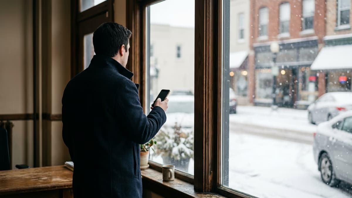 A man in a winter coat looking out the window of a small brick office while snow falls on the street outside
