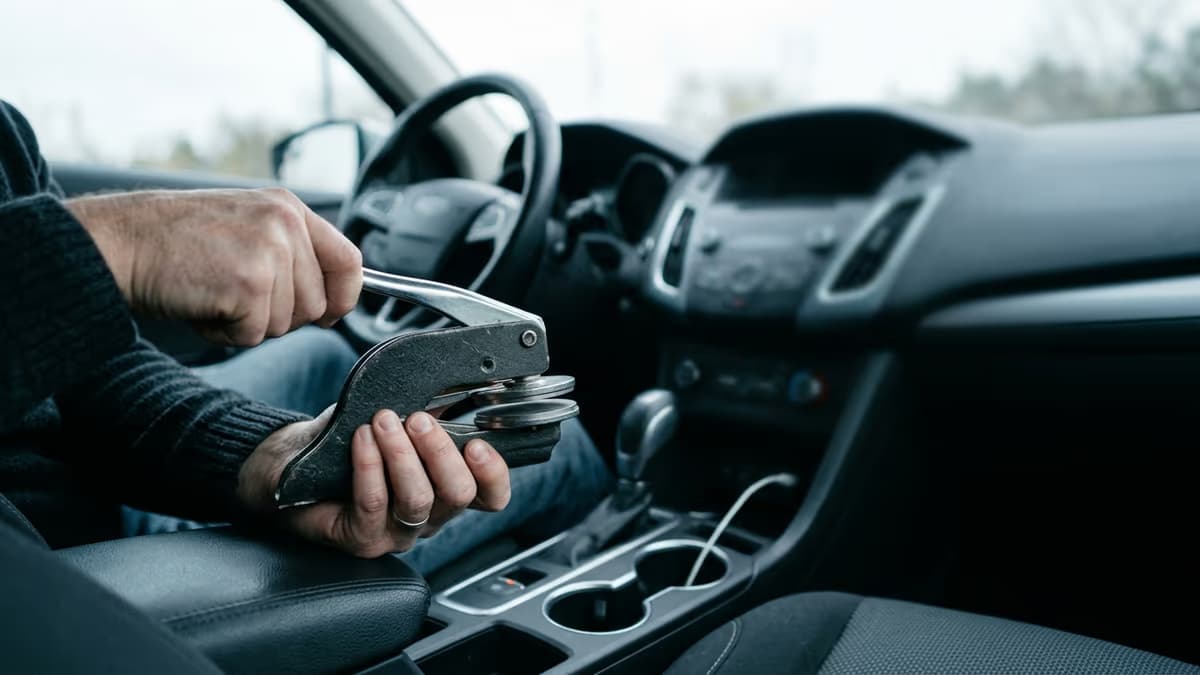 Hands holding a blank notary embosser inside a car, representing a mobile notary business run without a storefront