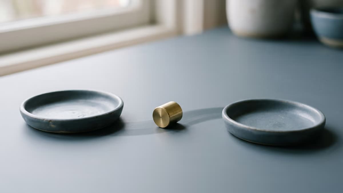 A small brass object resting between two shallow dishes on a clean surface, symbolizing relocating a business entity between states